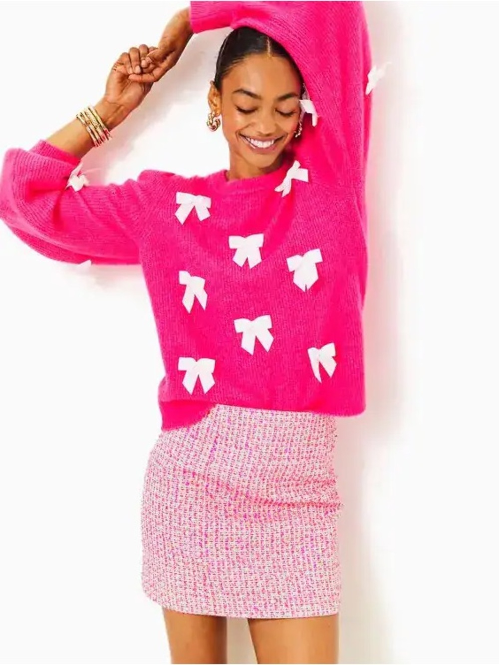 Lilly Pulitzer Aria Sweater in Heathered Passion Fruit Pink with Party Bows